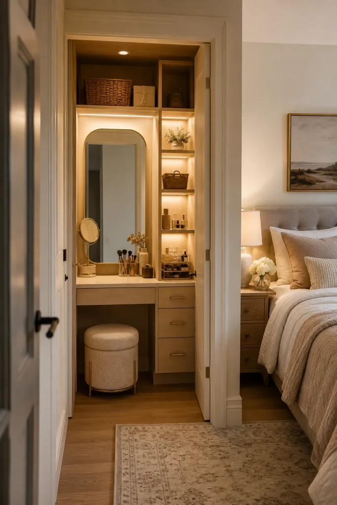 Small bedroom closet vanity with built-in shelves, mirror, narrow counter, compact stool, drawer storage, and warm lighting.