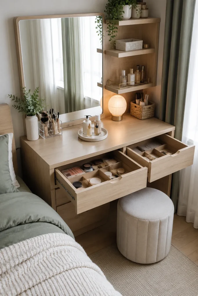 Small bedroom vanity organization with drawers, dividers, brush holders, makeup tray, floating shelves, baskets, and clean tabletop.