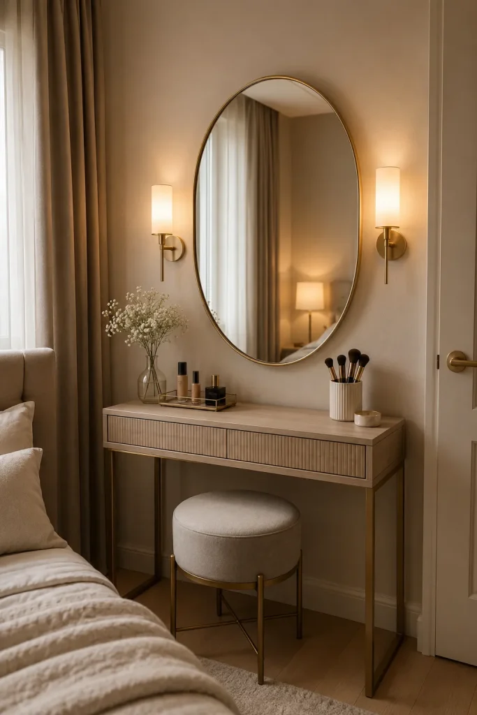 Small bedroom vanity with round mirror, warm wall sconces, soft lamp lighting, compact table, stool, and cozy neutral decor.