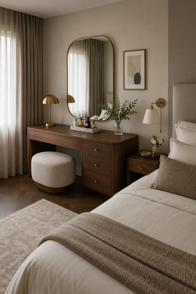 Modern small bedroom vanity with curved mirror, sleek table, upholstered stool, neutral bedding, marble tray, brass lamp, and elegant decor.