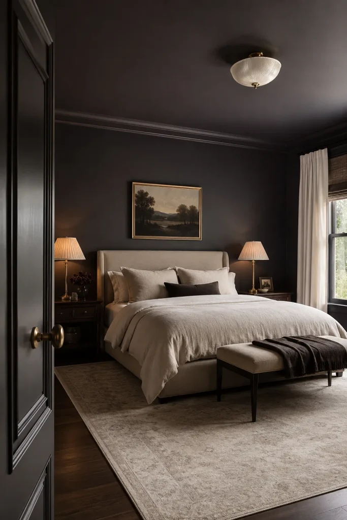 Dark elegant bedroom with color-drenched deep walls, matching trim, cream bedding, warm lamps, and soft contrast.