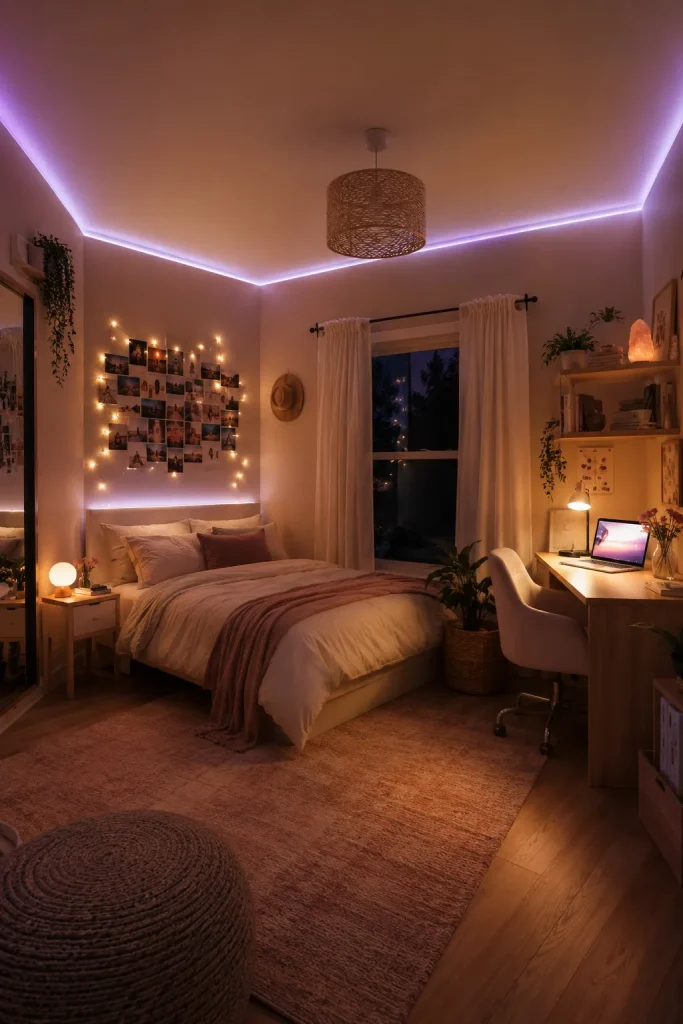 Teen room decor with LED lights, fairy lights, warm lamp, soft bedding, and cozy evening bedroom mood.