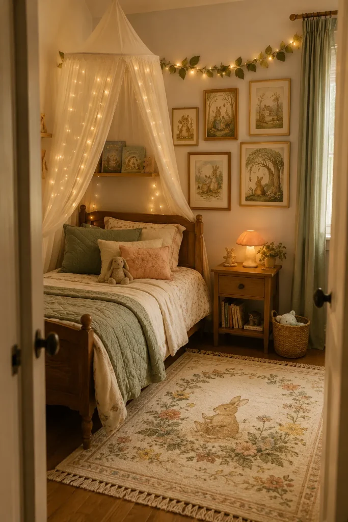 Whimsical kids bedroom idea with storybook decor, cozy bedding, soft wall art, fairy lights, and a playful theme.