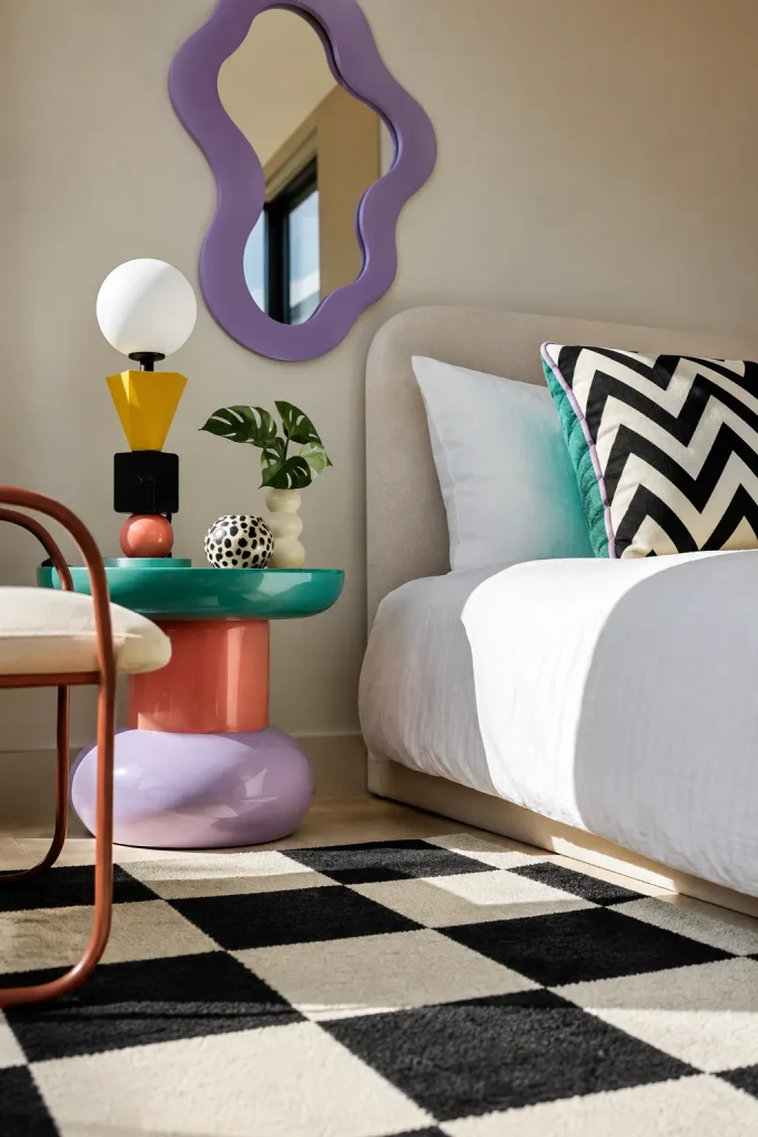 Memphis-inspired 80s bedroom accents with checkerboard rug, squiggle mirror, rounded side table, zigzag pillow, and sculptural lamp.
