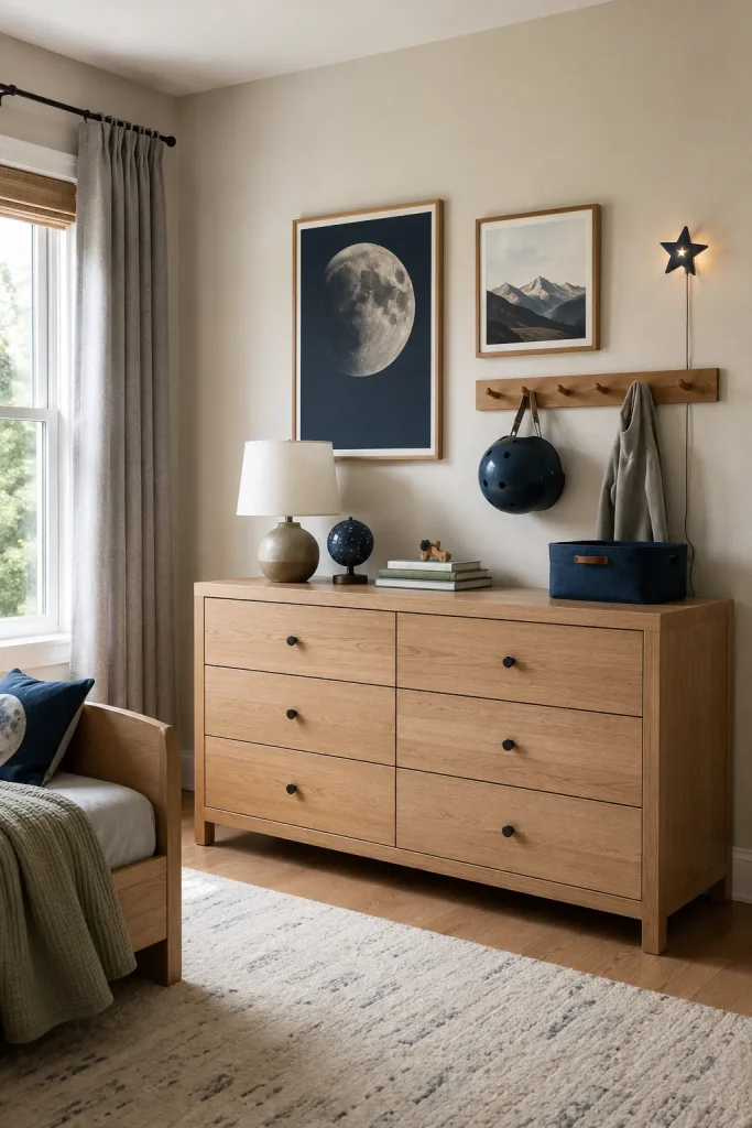 Big kids bedroom with a light oak dresser, removable moon and mountain wall art, peg rail, helmet, star wall light, gray curtains, neutral rug, and a partial wood bed edge.
