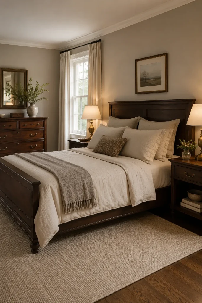 Dark elegant bedroom with walnut wood bed, dark dresser, cream bedding, brass lamps, and pale rug for balance.