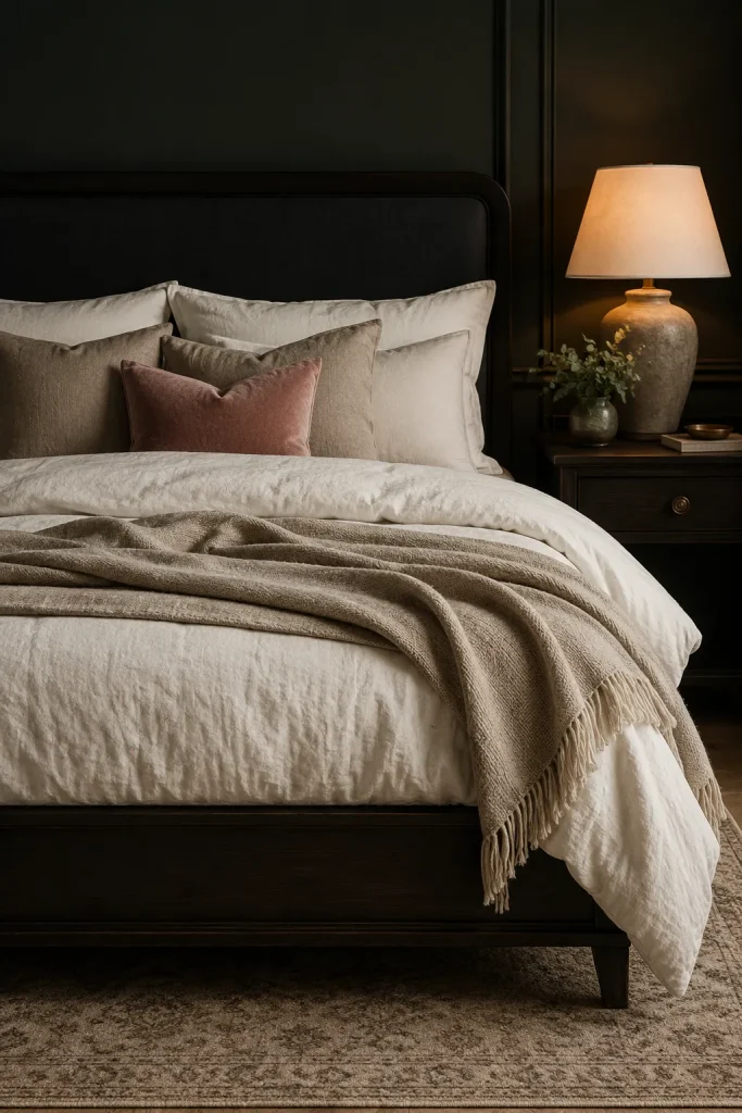 Dark bedroom furniture balanced with cream layered bedding, taupe pillows, muted blush accents, and warm bedside light