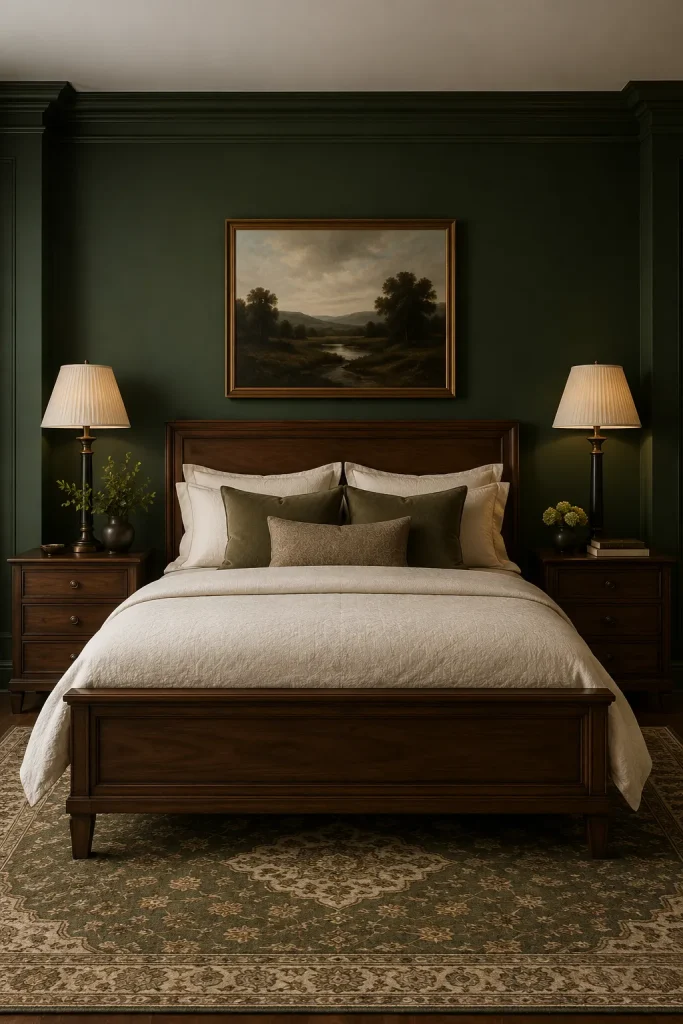 Forest green dark elegant bedroom with walnut furniture, cream bedding, antique brass lamps, and vintage rug.
