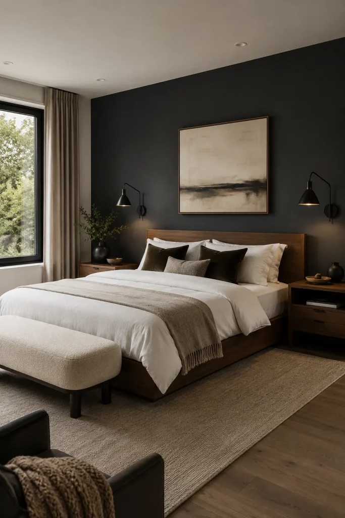 Modern dark elegant bedroom with charcoal accent wall, white bedding, black sconces, warm wood bed, and boucle bench.