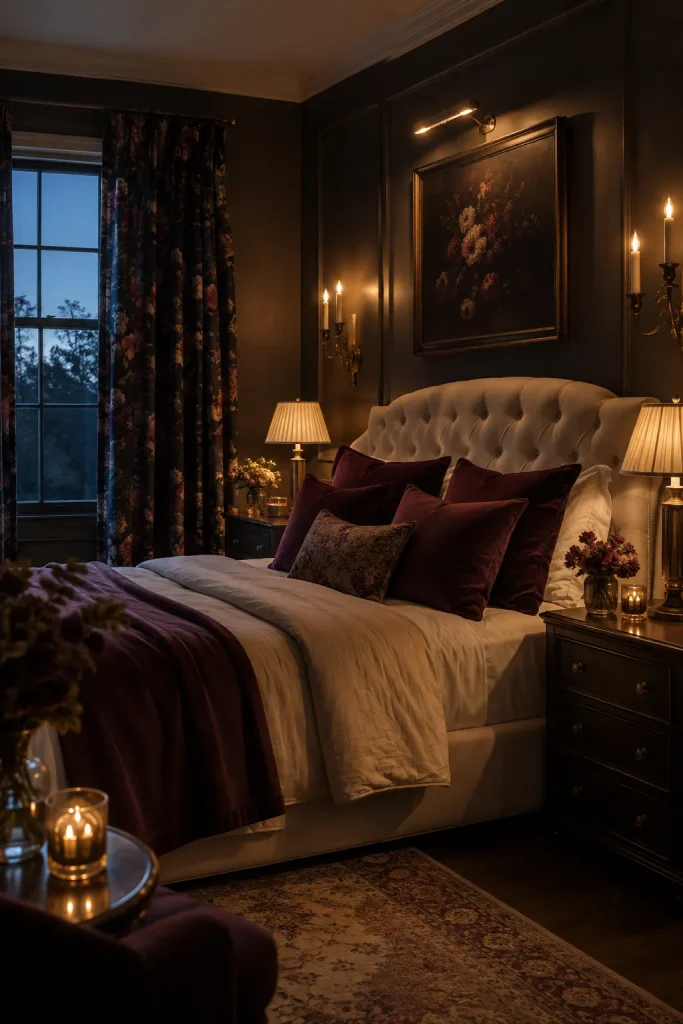 Romantic dark bedroom with warm layered lighting, velvet pillows, tufted headboard, sconces, and soft cream bedding.