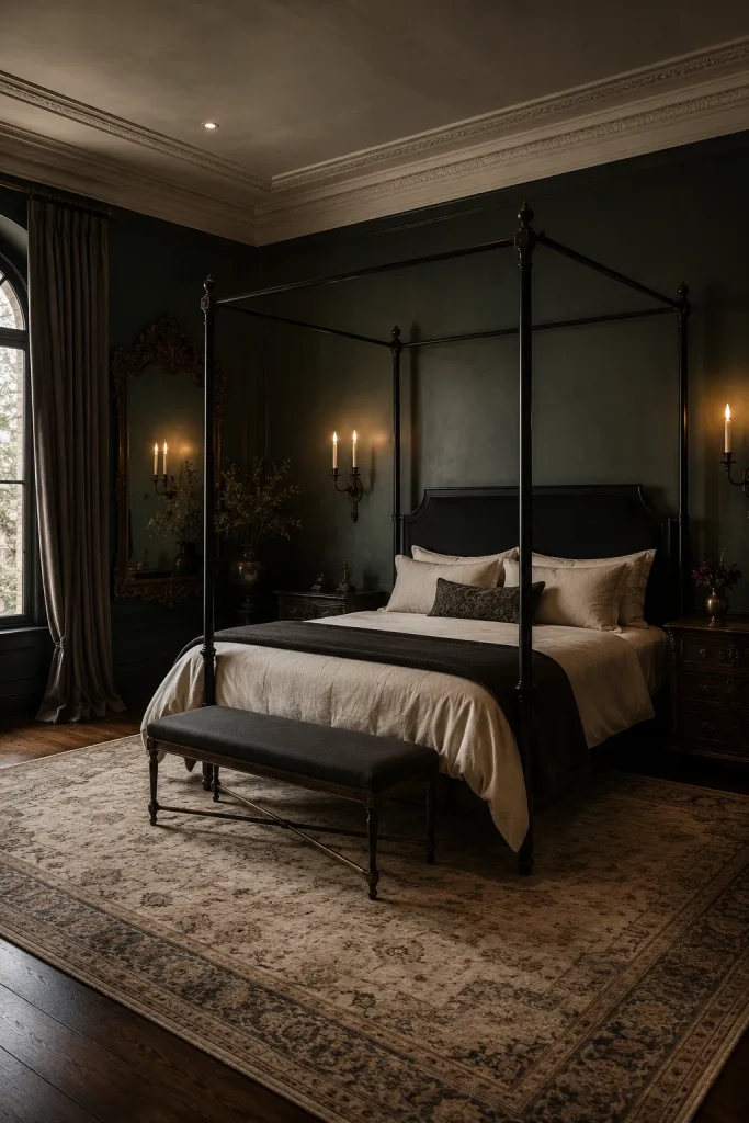 Gothic-inspired dark bedroom with black canopy bed, ornate mirror, forest green walls, cream bedding, and brass sconces.