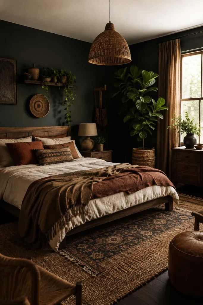 Dark boho bedroom with deep walls, woven pendant, linen bedding, earthy pillows, baskets, pottery, and plants.