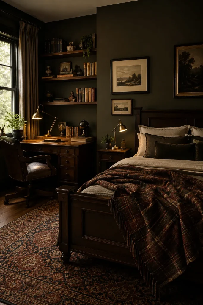 Dark academia bedroom with dark wood furniture, olive charcoal walls, books, vintage rug, brass desk lamp, and classic artwork.