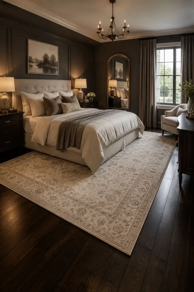 Dark wood floor bedroom with large pale area rug, ivory bedding, warm lighting, soft curtains, and dark wood nightstands.