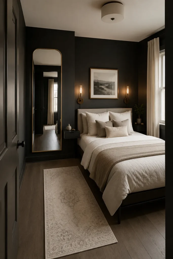 Small dark bedroom with charcoal walls, cream bedding, slim nightstands, wall sconces, mirror, and open floor space.