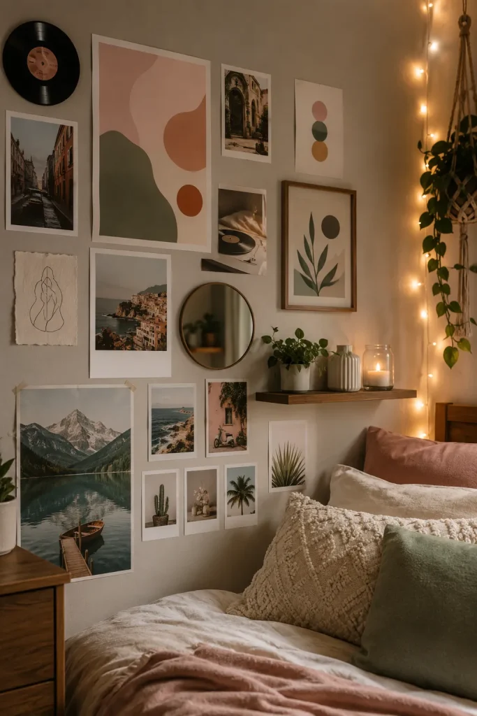 Teen room decor with poster wall, photo collage, LED lights, bedding, shelves, and personal wall decorations.