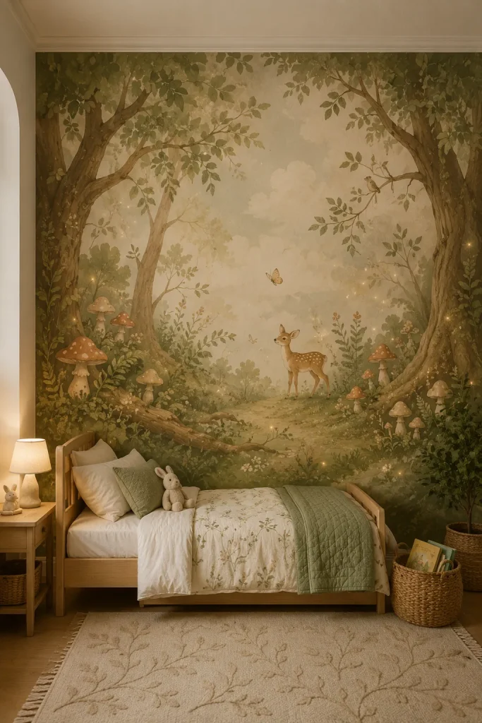 Whimsical kids bedroom mural with painted forest trees, mushrooms, soft bedding, and magical wall decor.
