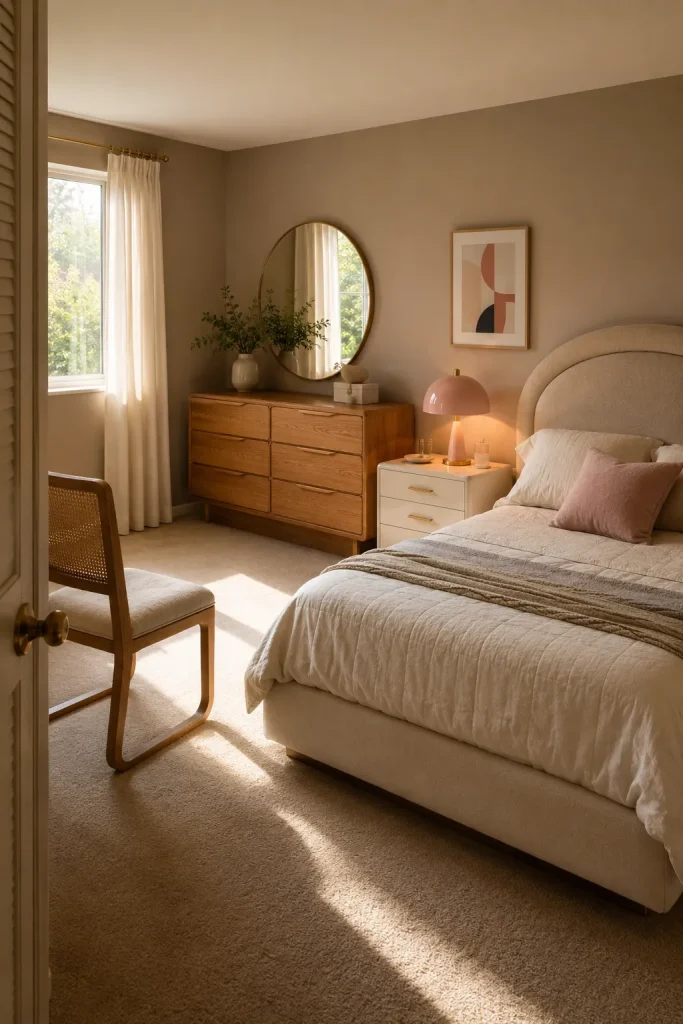 80s bedroom furniture with curved headboard, lacquer nightstand, oak dresser, brass handles, cane chair, round mirror, and pastel lamp.