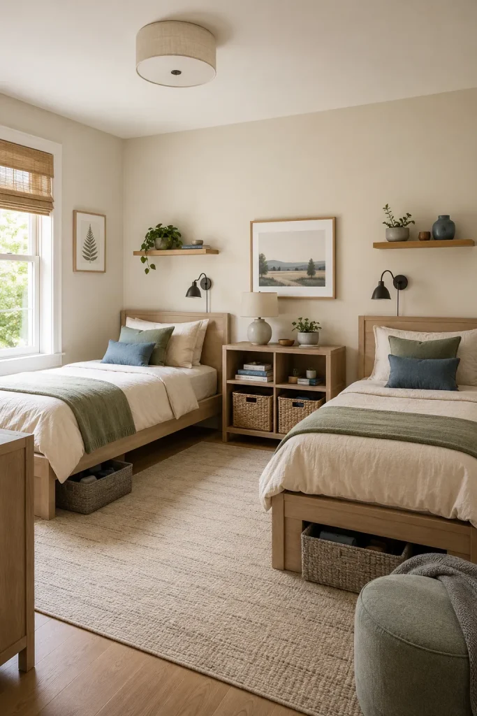 Shared big kids bedroom with two twin beds, matching bedding, separate storage baskets, individual reading lights, shared nightstand, and open walking space.