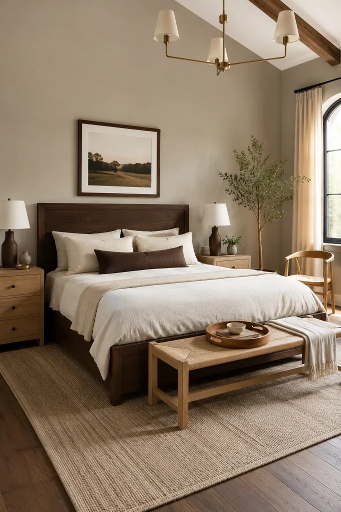 Dark elegant bedroom mixing walnut bed, light oak nightstands, cream bedding, beige rug, and repeated wood tones.