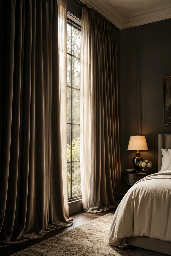 Dark elegant bedroom with high floor-length curtains, cream bedding, warm lamp light, dark walls, and soft dramatic styling