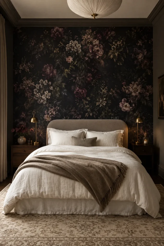 Dark elegant bedroom with floral wallpaper accent wall, ivory bedding, taupe throw, brass lamps, and simple nightstands.