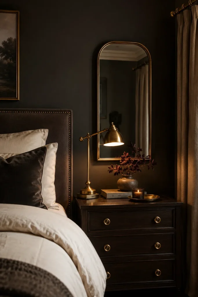 Dark elegant bedroom with brass lamp, bronze drawer pulls, gold mirror frame, cream bedding, and warm metallic accents.