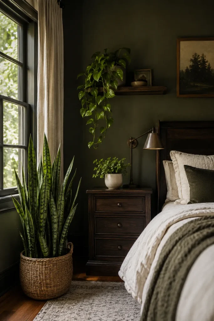 Dark elegant bedroom with snake plant, trailing pothos, ceramic planter, deep walls, warm bedding, and natural light.