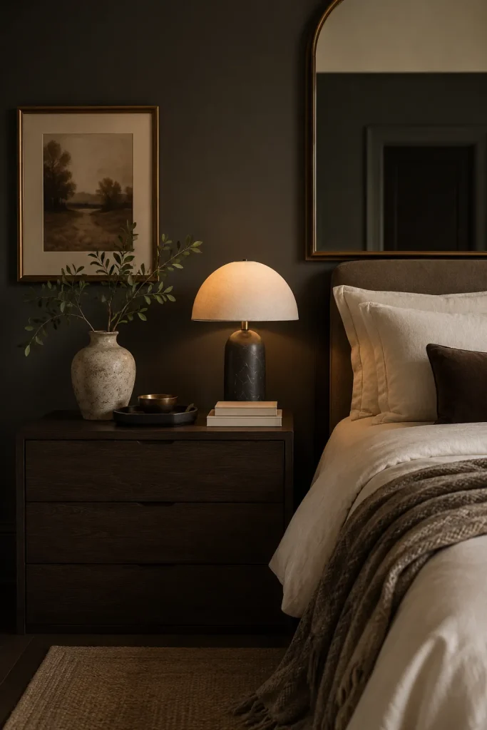 Dark elegant bedroom vignette with ceramic vase, tray, books, sculptural lamp, mirror, textured throw, and cream bedding.
