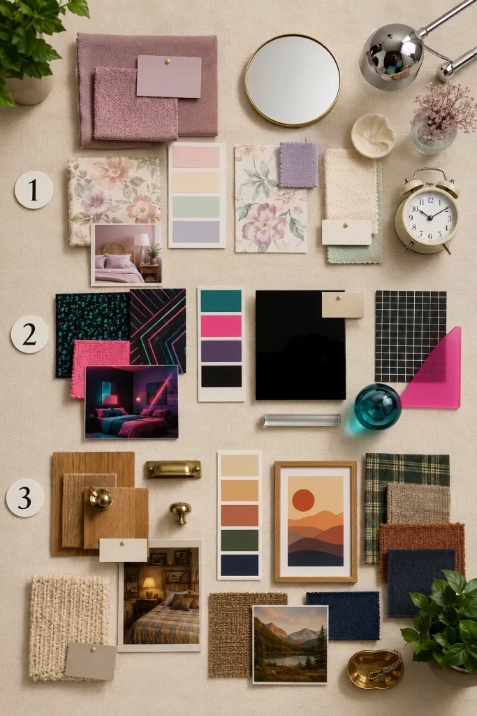 Overhead 80s bedroom mood board with pastel, neon, and cozy retro palettes, fabric swatches, wood samples, chrome details, and geometric patterns.