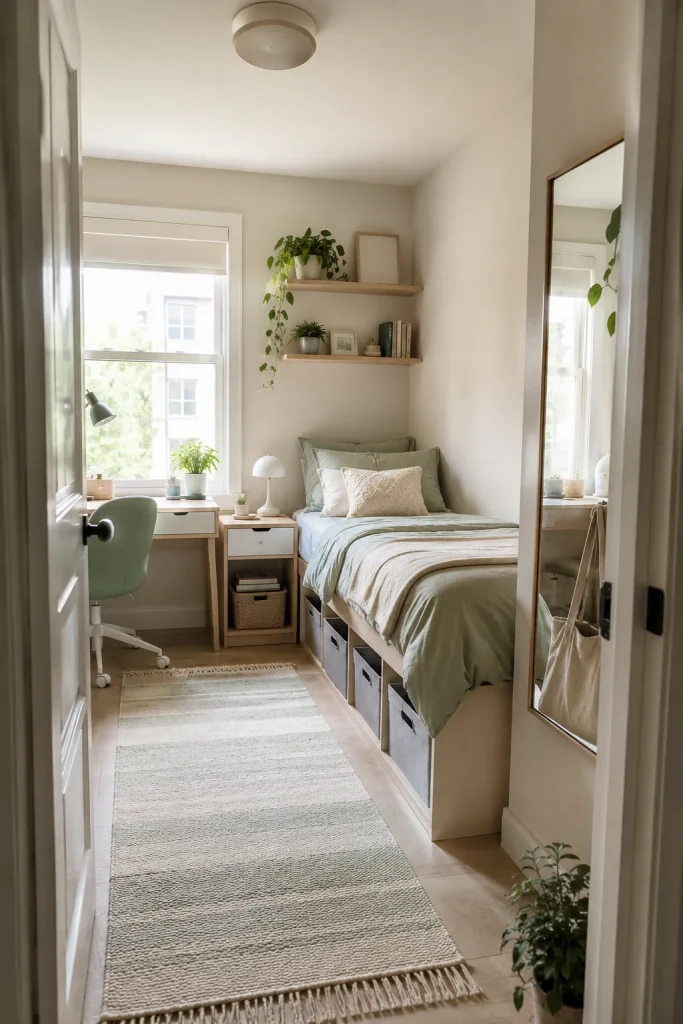 Small teen room decor with mirror, floating shelves, under-bed storage, desk corner, and light bedroom colors.