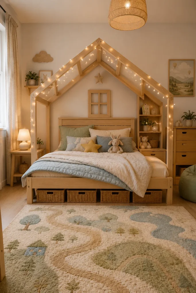 Whimsical kids bedroom idea with a playful house bed, cozy bedding, wall shelves, storage baskets, and warm lighting.