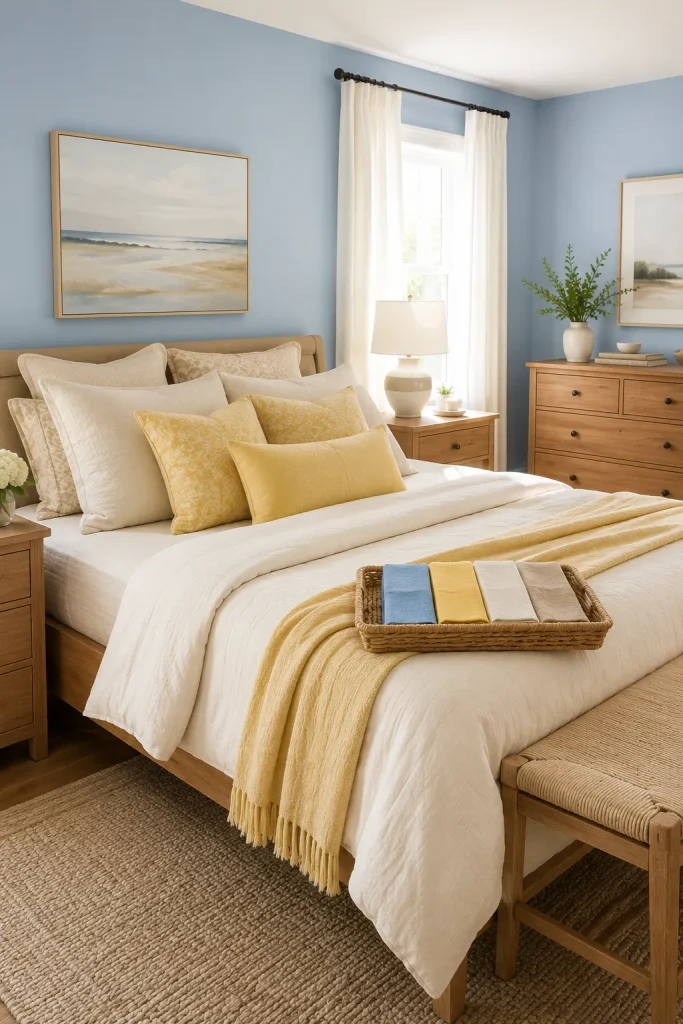 Blue and yellow bedroom color scheme with layered bedding, wall color samples, warm wood furniture, and balanced neutral decor.