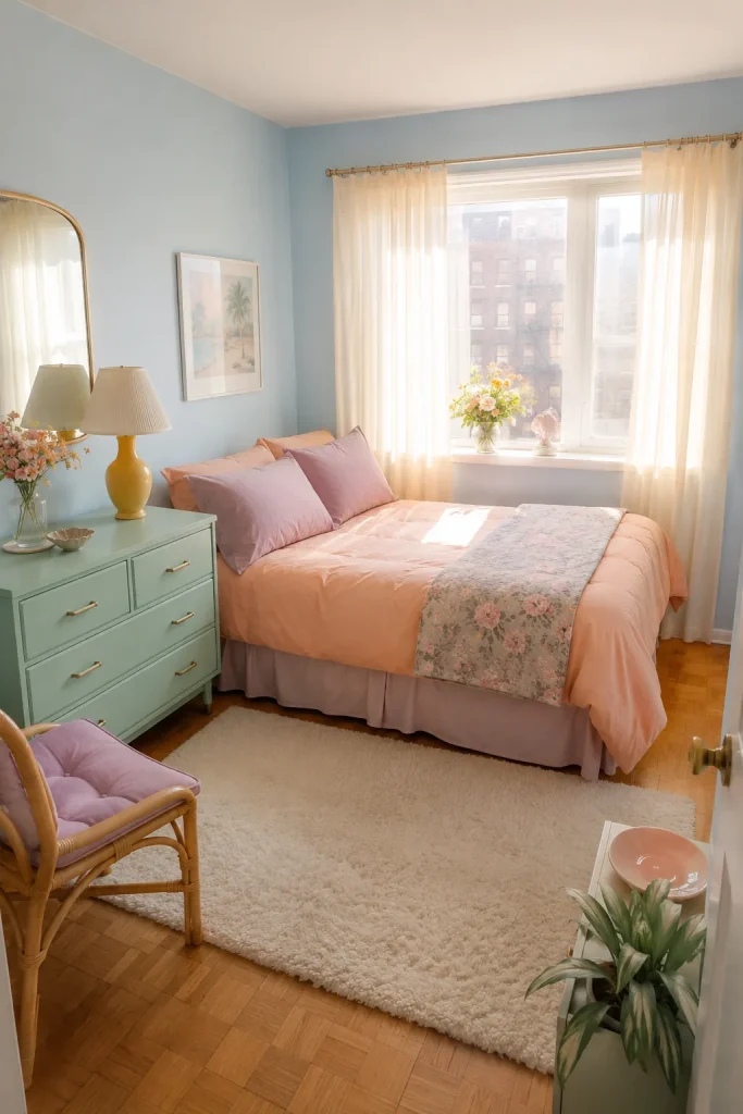 Small pastel 80s bedroom with powder blue walls, peach and mauve bedding, mint dresser, pale yellow lamp, and cream curtains.