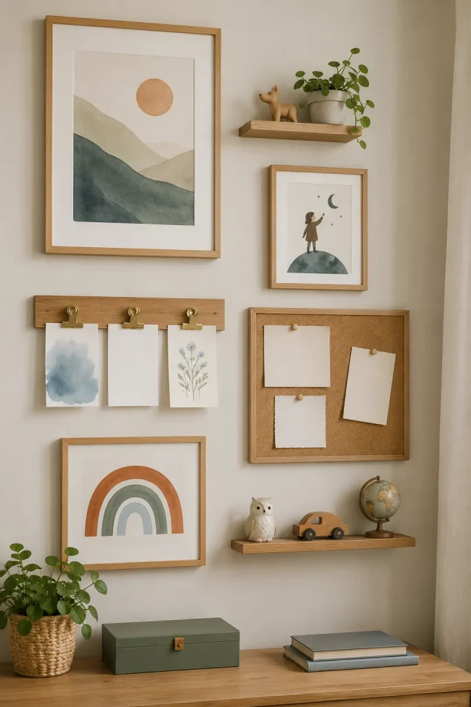 Big kids bedroom wall decor with framed art, display clips, small shelves, pinboard, personal objects, light oak frames, and calm muted colors.
