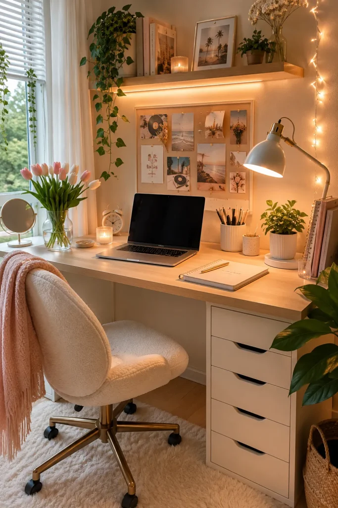 Teen study desk setup with lamp, laptop, shelves, chair, plant, notebook, and aesthetic bedroom decor.