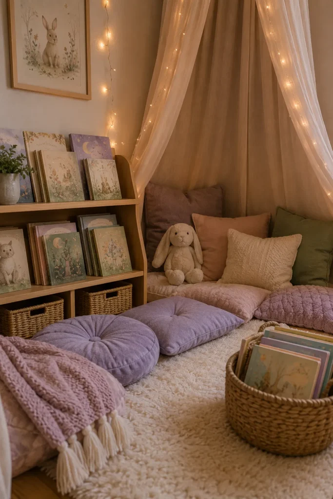 Whimsical kids bedroom reading nook with floor cushions, bookshelf, fairy lights, canopy, and cozy story corner.