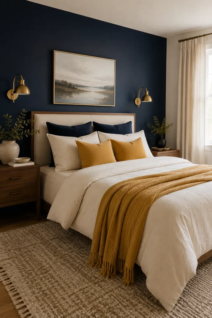 Navy blue and mustard yellow bedroom with dark blue accent wall, mustard pillows, cream bedding, gold lighting, and warm wood decor.