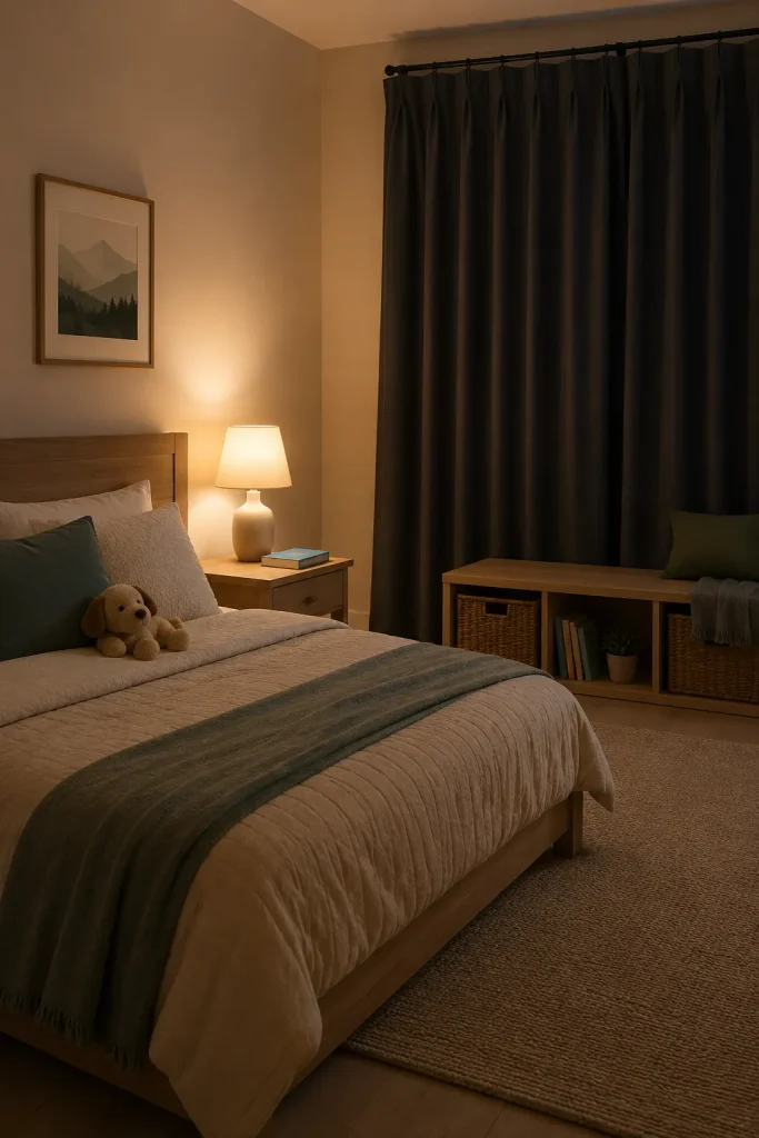 Calm big kids bedroom at bedtime with blackout curtains, warm lamp, soft bedding, clear floor space, low storage, book on nightstand, and no screens.