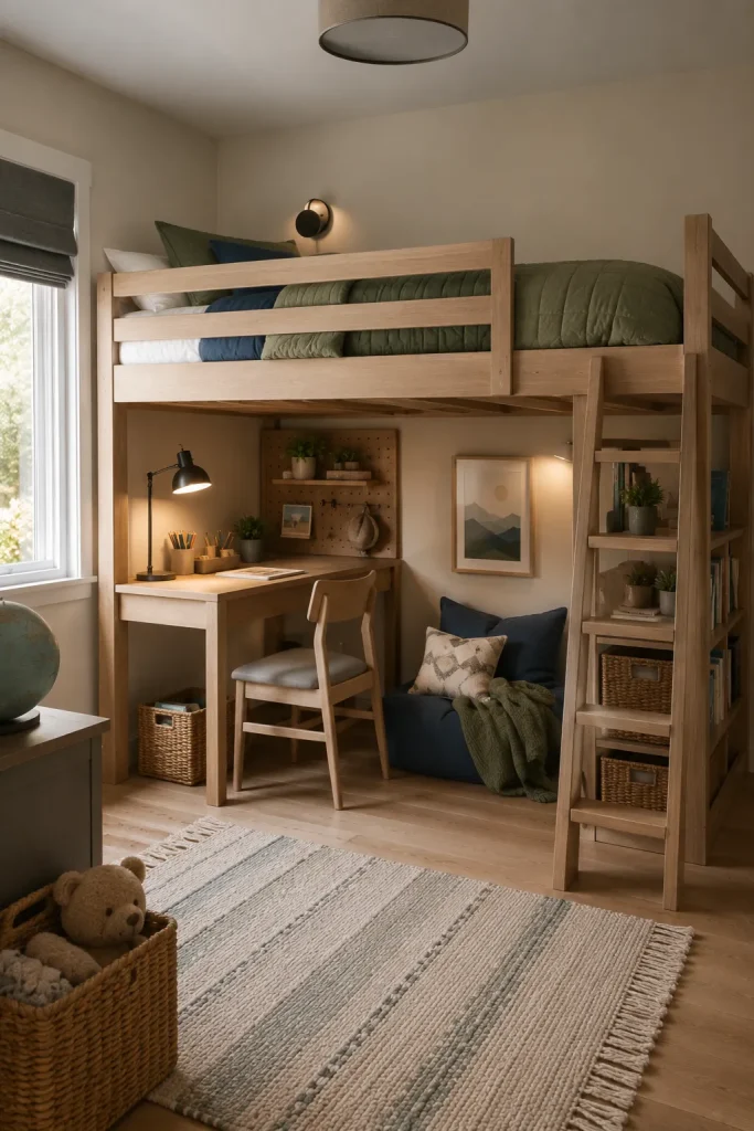 Small big kids bedroom with a safe loft bed, guardrails, ladder, compact desk underneath, storage baskets, reading cushion, and open floor space.