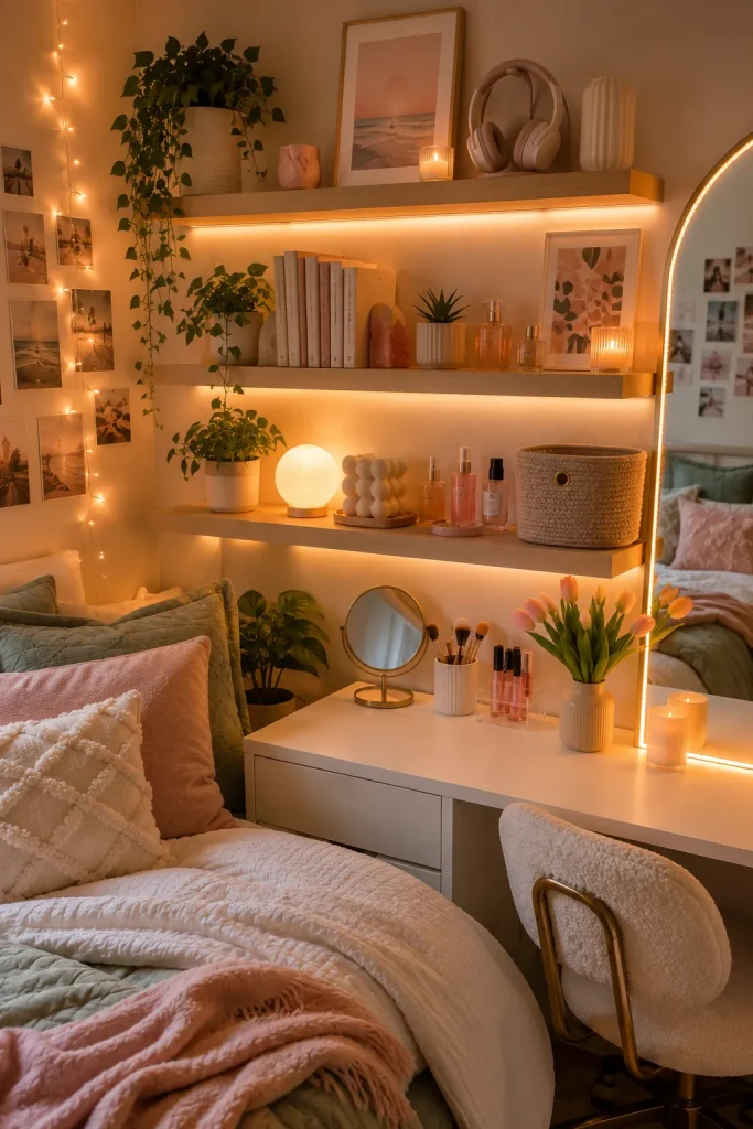 Teen room decor shelves with books, plants, baskets, framed prints, personal decor, and warm bedroom lighting.