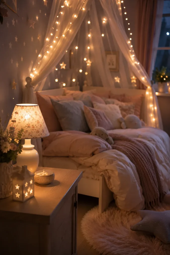 Whimsical kids bedroom with fairy lights, warm bedside lamp, soft bedding, canopy, and cozy evening lighting.