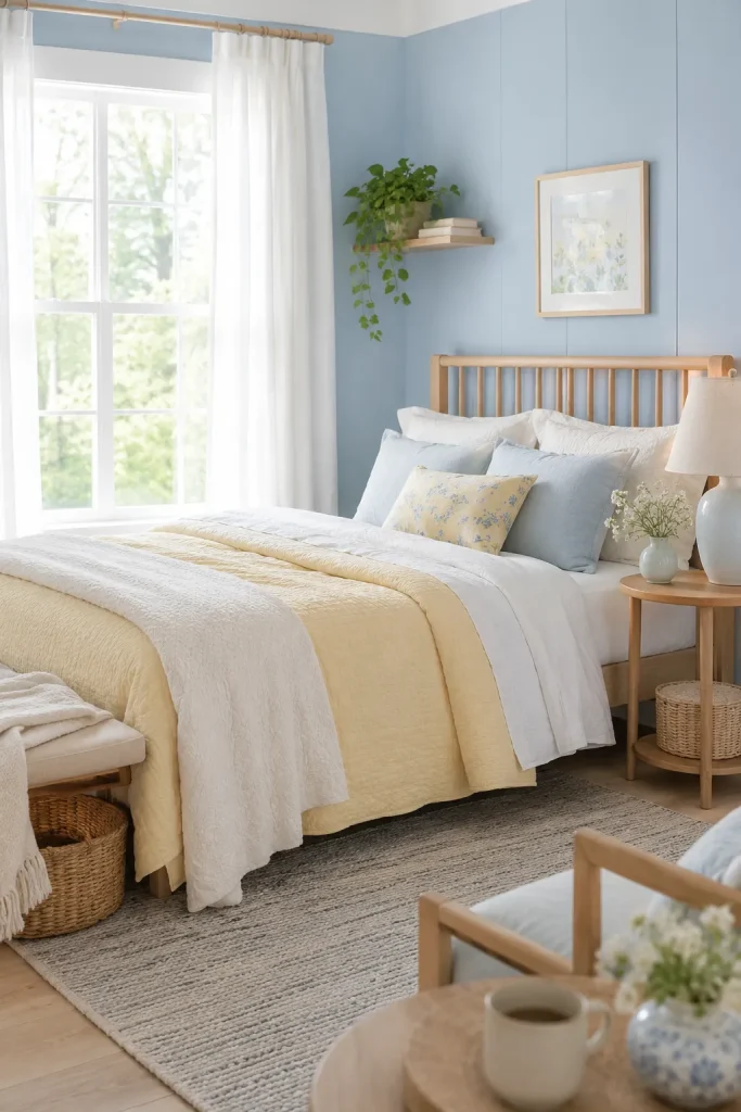 Light blue and yellow bedroom with sky blue walls, pale yellow bedding, white curtains, light wood furniture, and sunny cozy decor.