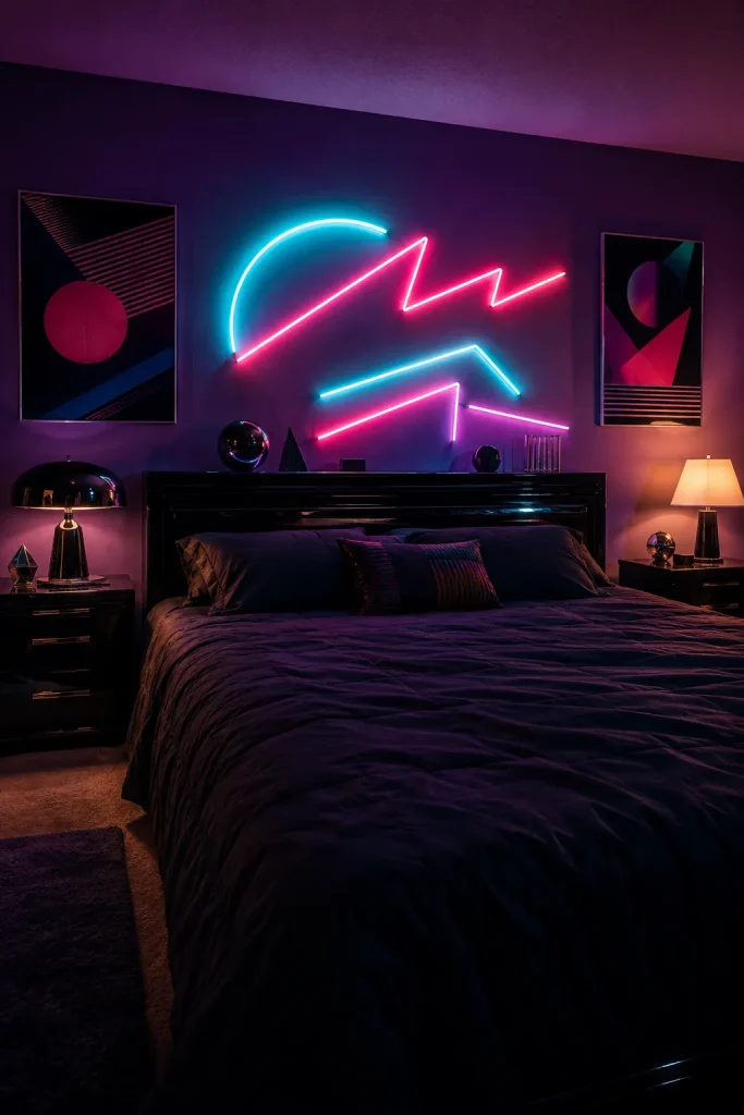 Moody neon 80s bedroom with dark bedding, black furniture, teal and hot pink wall glow, glossy lamp, and retro poster art.