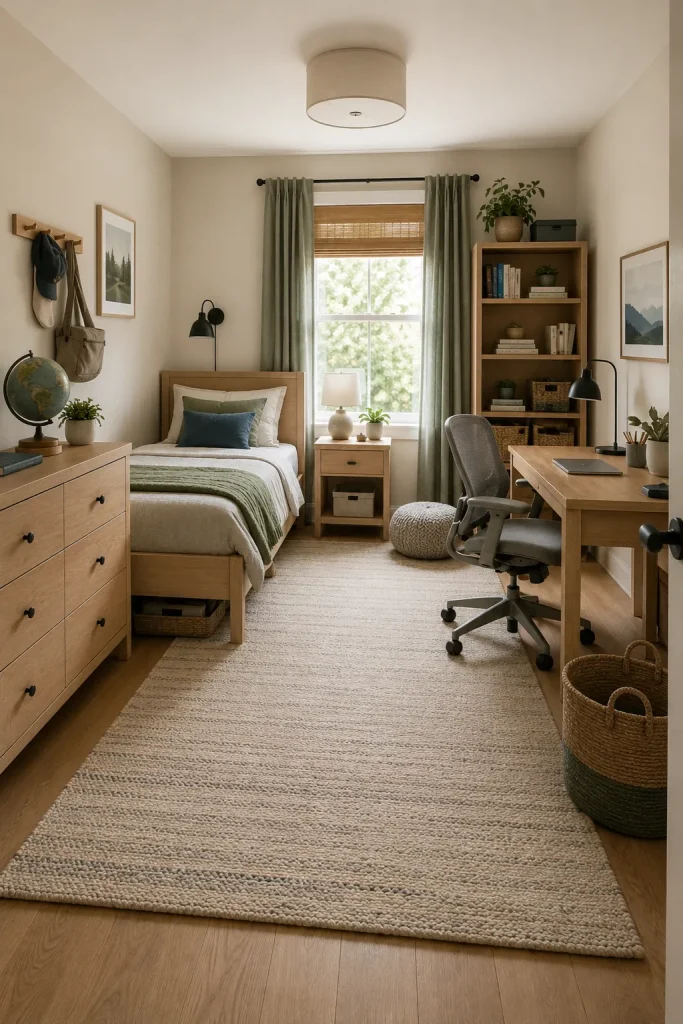 Big kids bedroom with flexible furniture including wood bed frame, sturdy dresser, adjustable desk chair, bookshelf, neutral rug, and storage baskets.