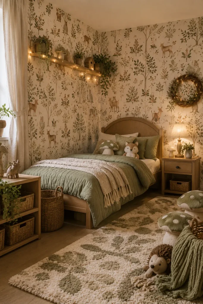 Whimsical forest kids bedroom with sage green bedding, woodland wallpaper, mushroom decor, natural wood, and cozy lighting.