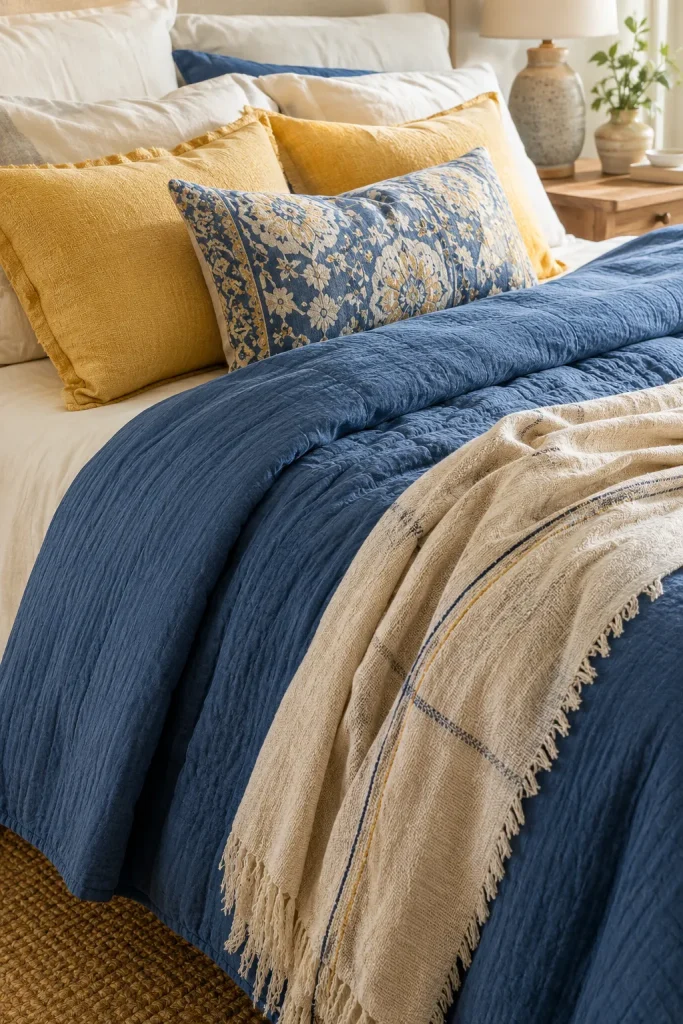 Blue and yellow bedroom bedding with layered quilt, patterned pillows, cream sheets, soft throw blanket, and cozy fabric textures.