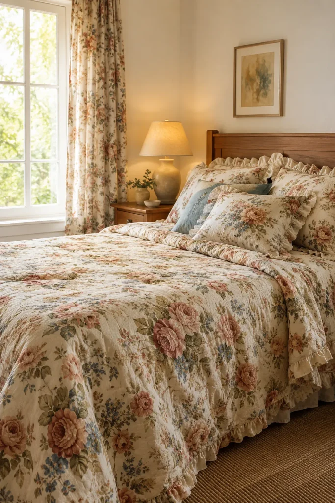 Vintage 80s bedroom with floral bedspread, ruffled pillows, floral curtains, cream walls, wooden furniture, and warm ceramic lamp.