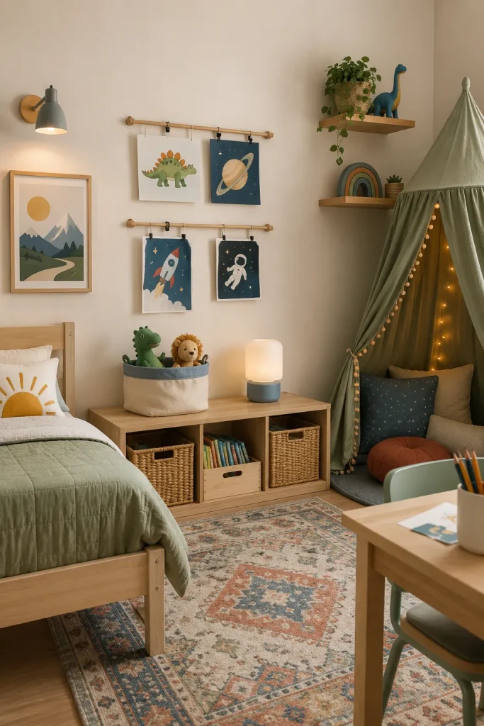 Big kids bedroom corner with colorful rug, toy basket, small canopy, art display clips, themed pillows, wall lights, simple shelves, and playful decor.