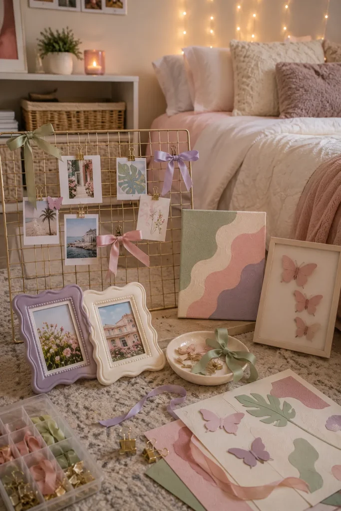 DIY teen room decor with handmade wall art, photo frames, ribbons, butterfly decor, and aesthetic craft pieces.